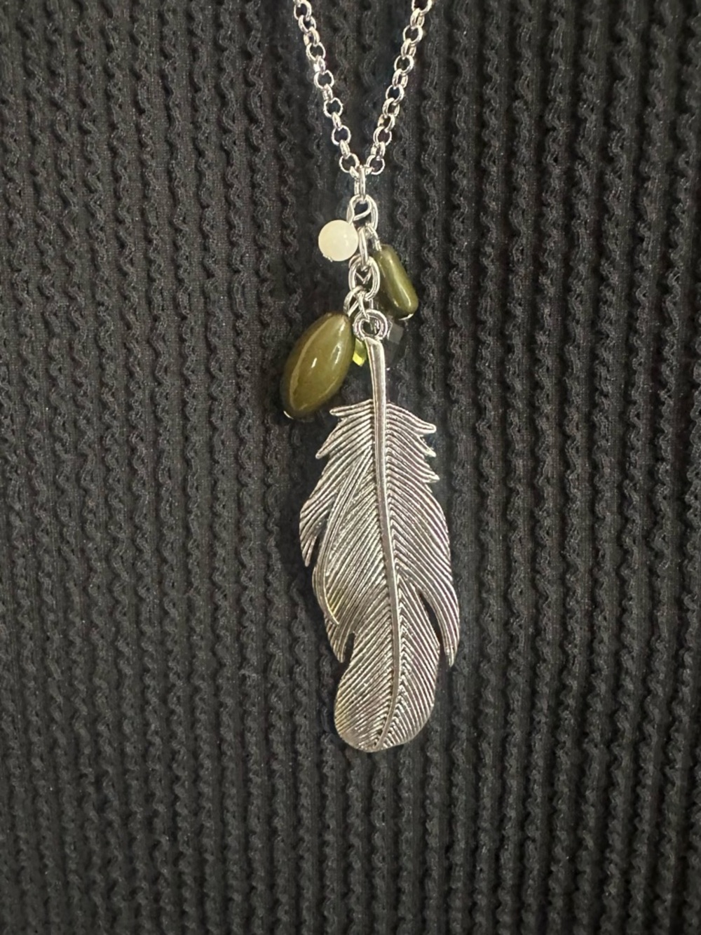 paparazzi Silver Feather Necklace with Olive and Cream Beads